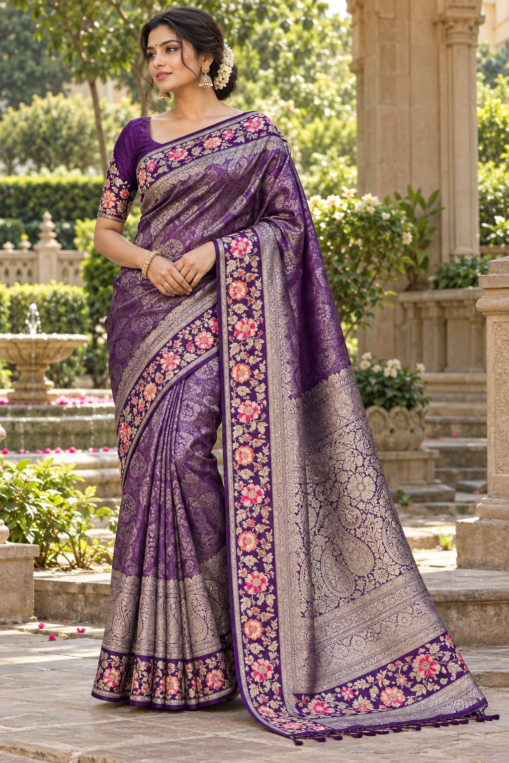 Royal Purple Silk Saree with All-Over Floral Jaal & Pink Meenakari Zari Border