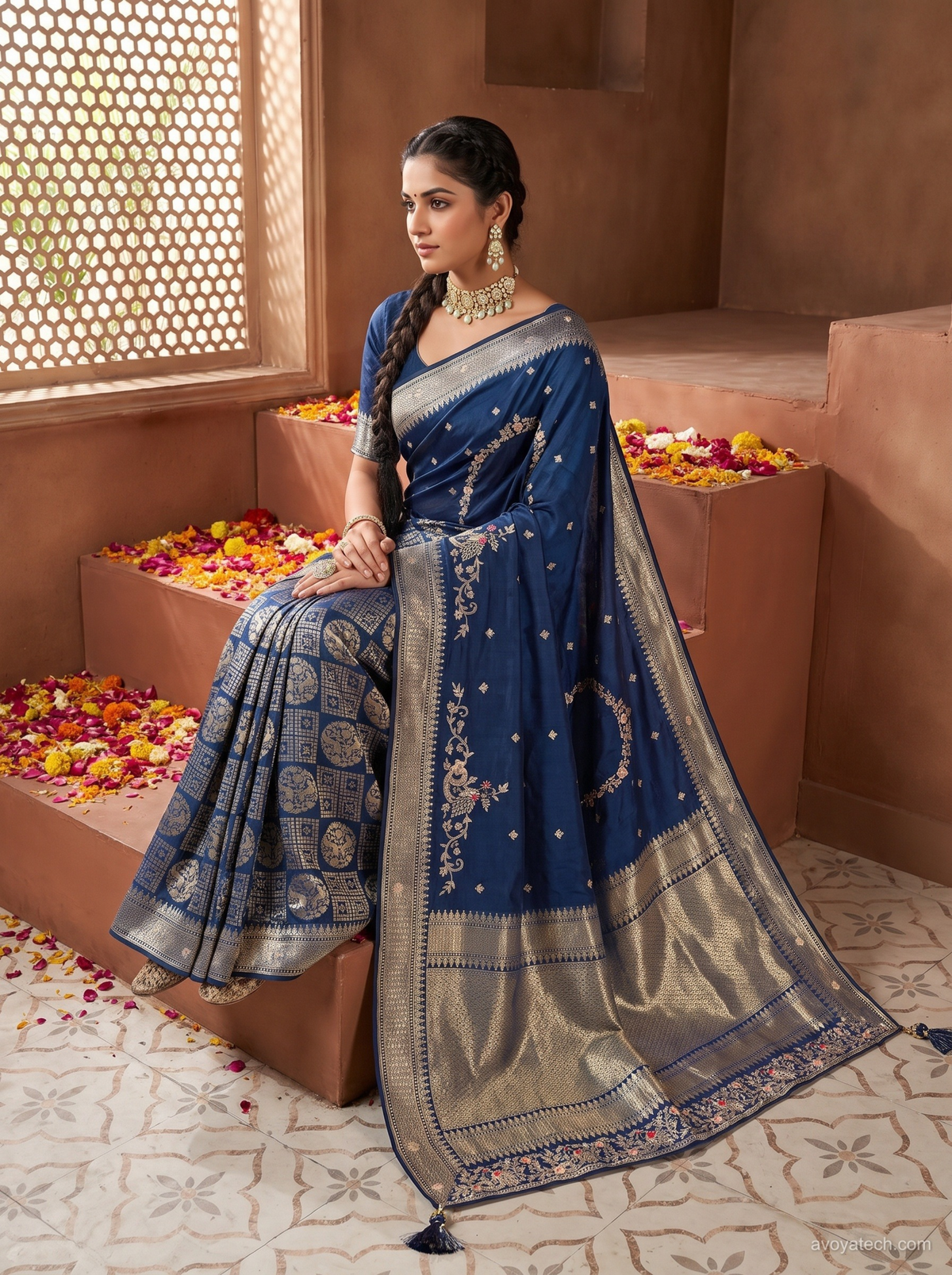 Royal Navy Blue Banarasi Silk Saree with Geometric Zari Pleats, Resham Floral Accents