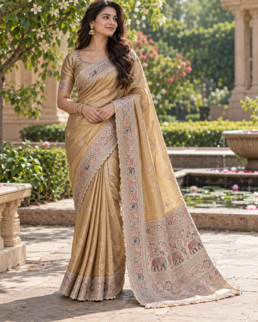 Metallic Gold Silk Saree with Pastel Elephant Embroidery & Scalloped Zardozi Border