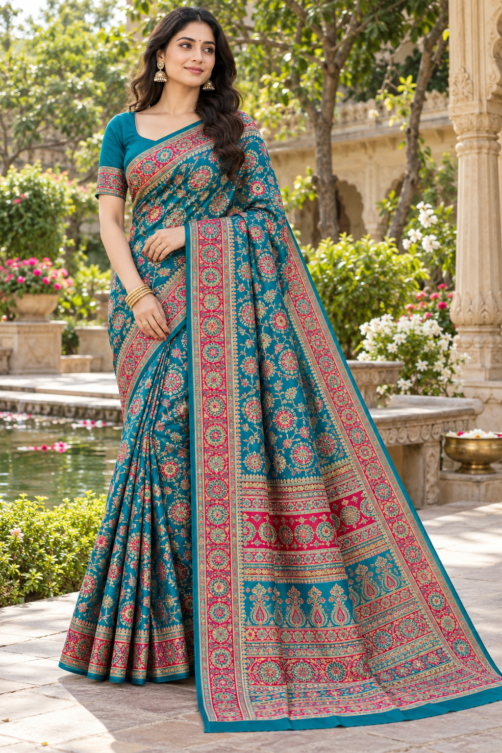 Teal Blue Silk Saree with All-Over Floral Rosettes & Crimson Red Geometric Border