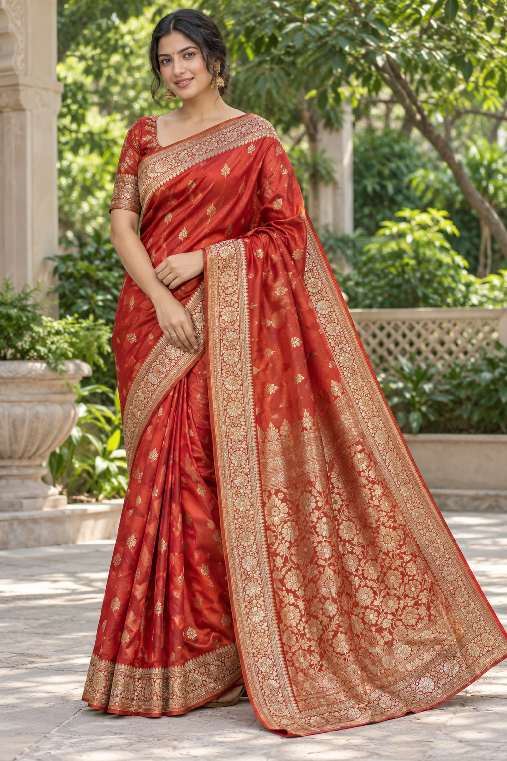 Vermilion Red Silk Saree with Gold Zari Floral Motifs & Rich Jacquard Pallu