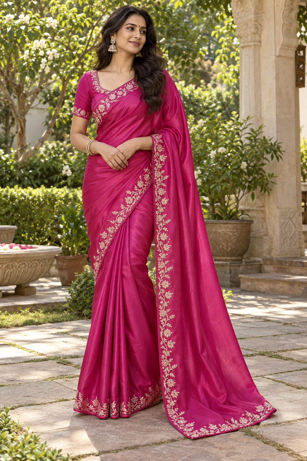 Deep Rani Pink Silk Saree with Delicately Embroidered Floral Zardozi Vine Border