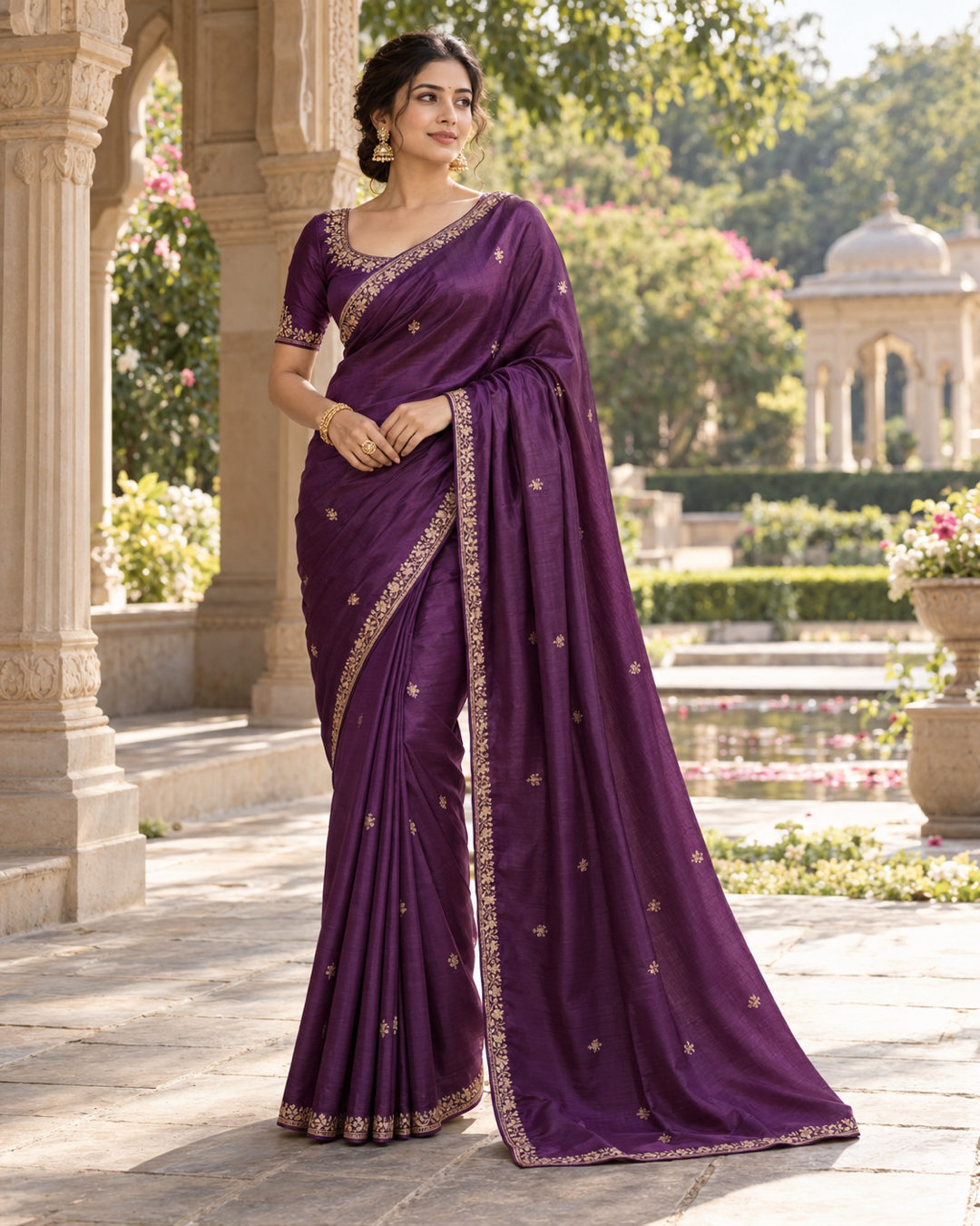 Deep Purple Silk Saree with Gold Zardozi Floral Motifs & Embroidered Border
