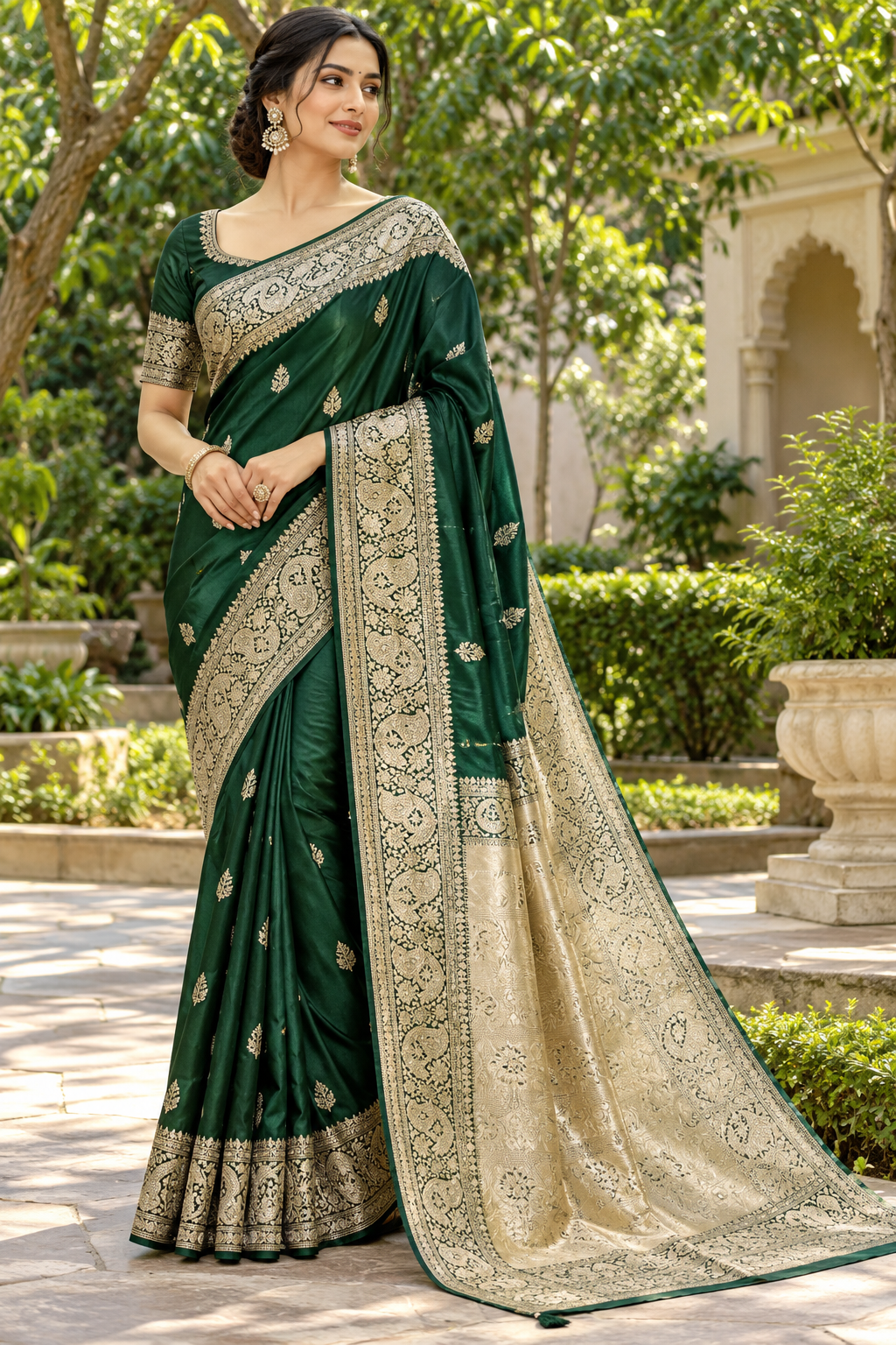 Emerald Green Floral Zari Saree