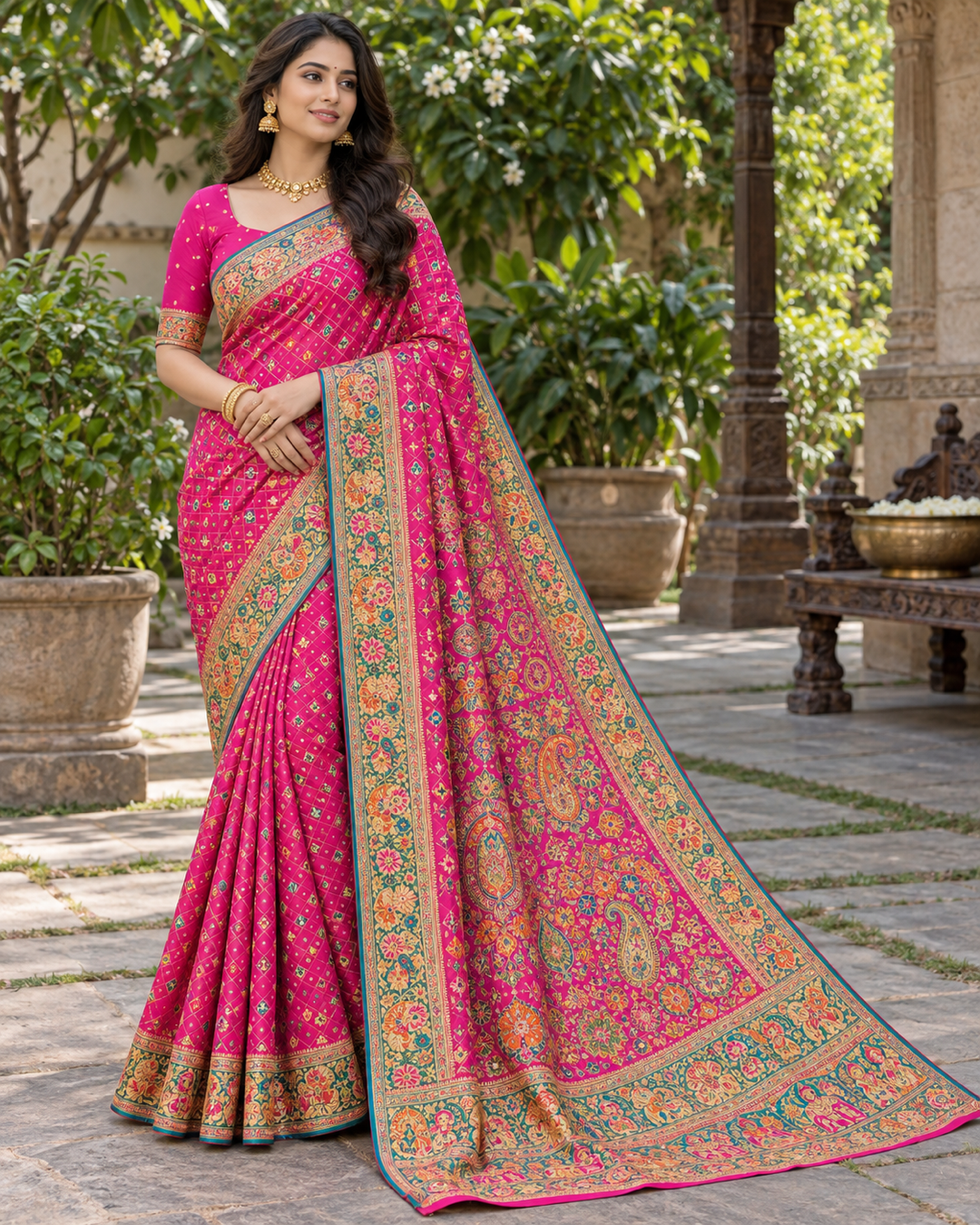 Vibrant Pink Silk Saree with Teal Floral Border & Paisley Tapestry Pallu Main image