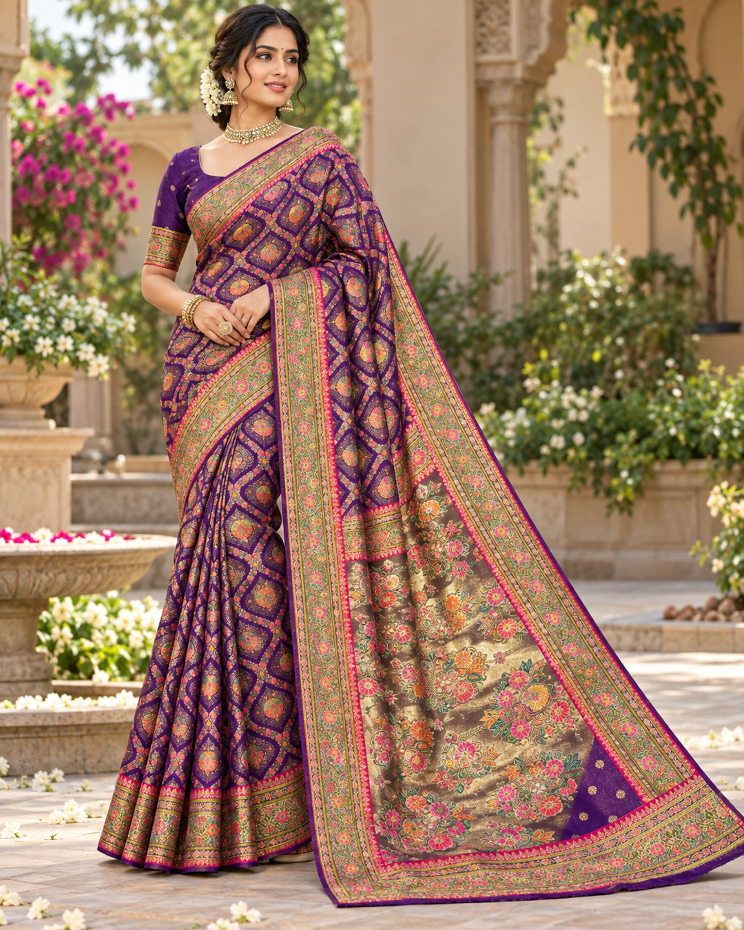 Royal Purple Silk Banarasi Saree with Geometric Diamond Lattice & Floral Brocade Pallu Main image