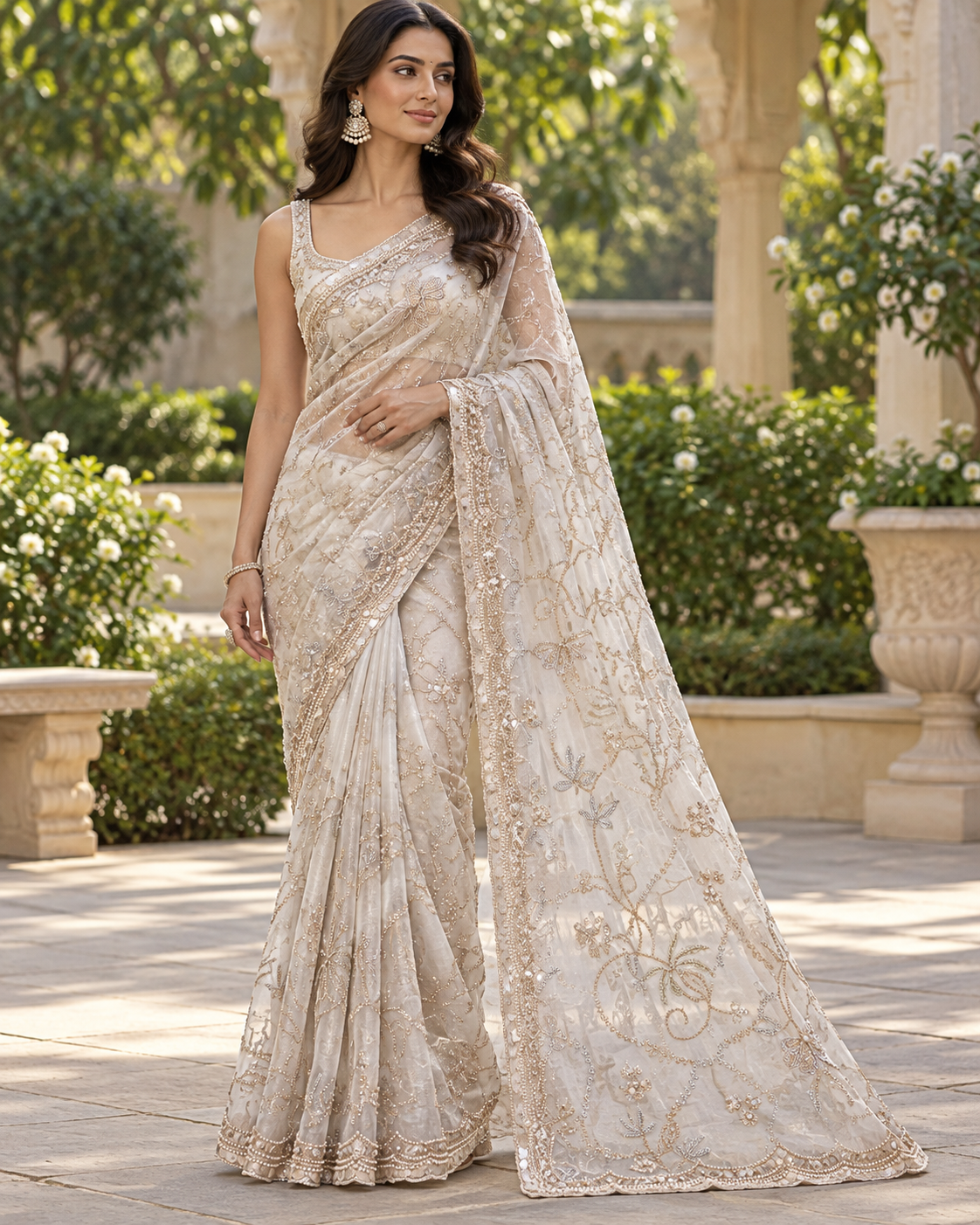 Off White Embellished Organza Saree