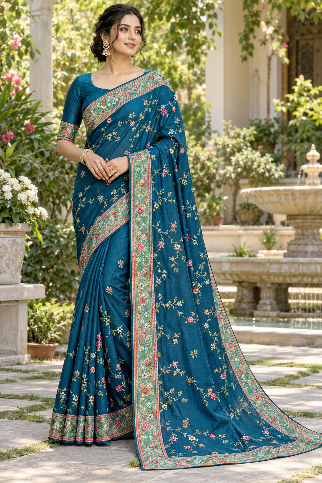 Peacock Blue Silk Saree with All-Over Floral Jaal Embroidery & Mint Green Border