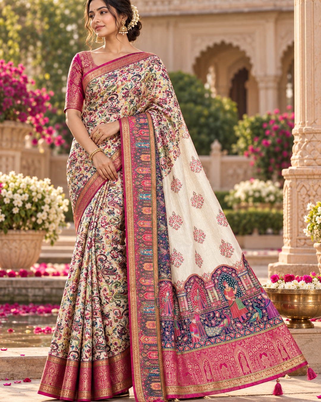 Off-White Kalamkari Woven Silk Saree with Rani Pink & Royal Figure Border