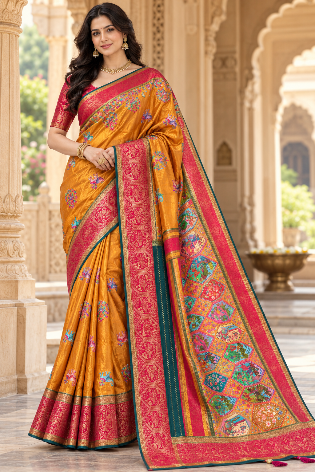 Vibrant Yellow Printed Banarasi Silk Saree