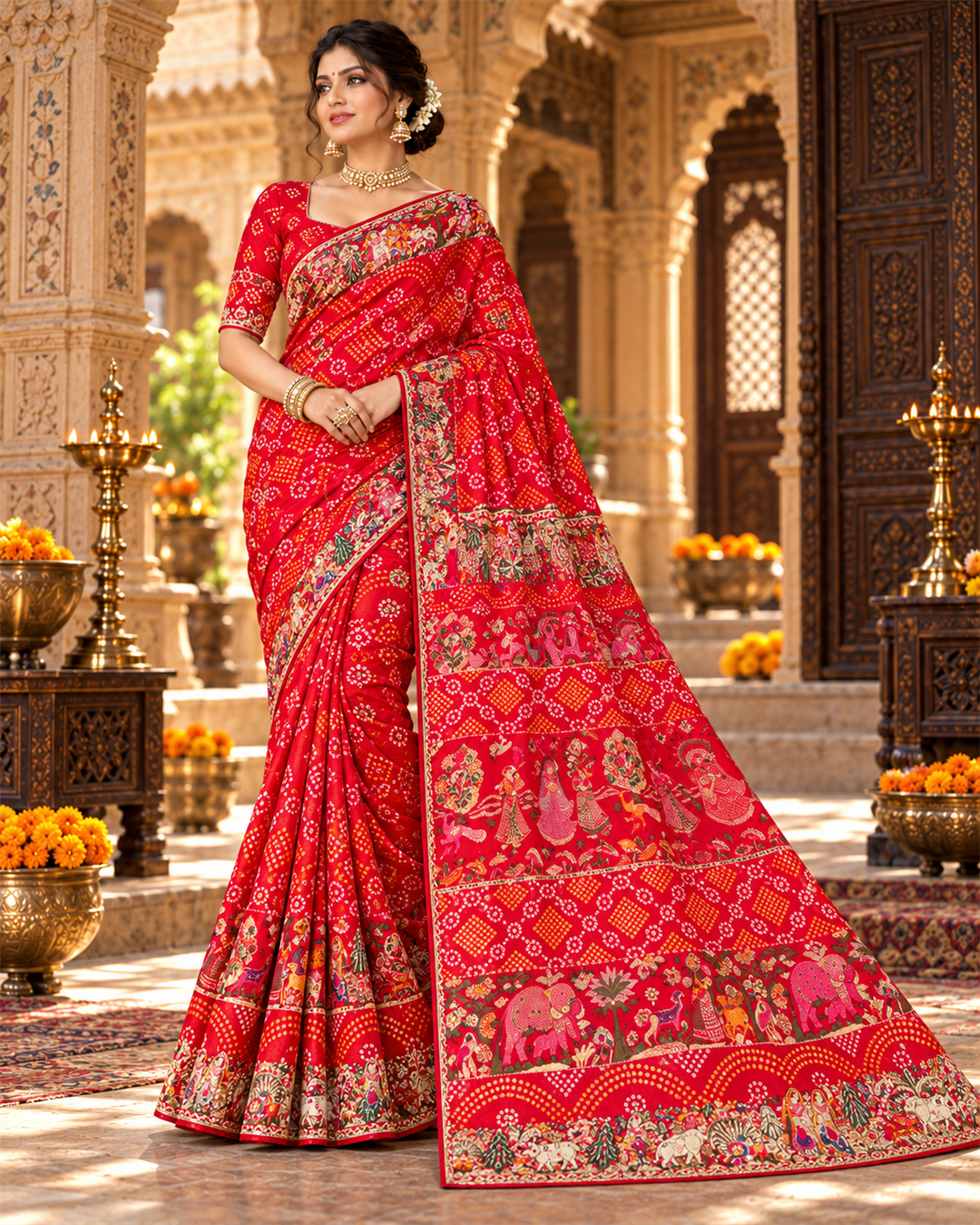 Vibrant Red Bandhani Silk Patola Saree