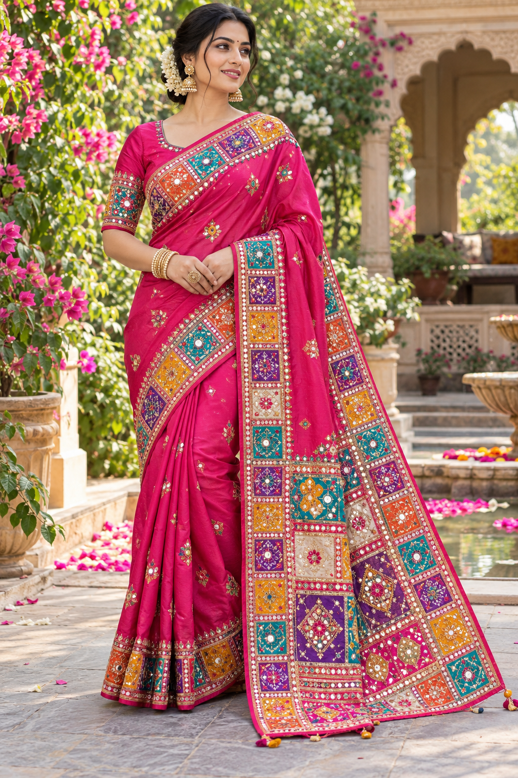 Vibrant Rani Pink Silk Saree with Multi-Color Mosaic Patchwork & Mirror-Work Border Main image