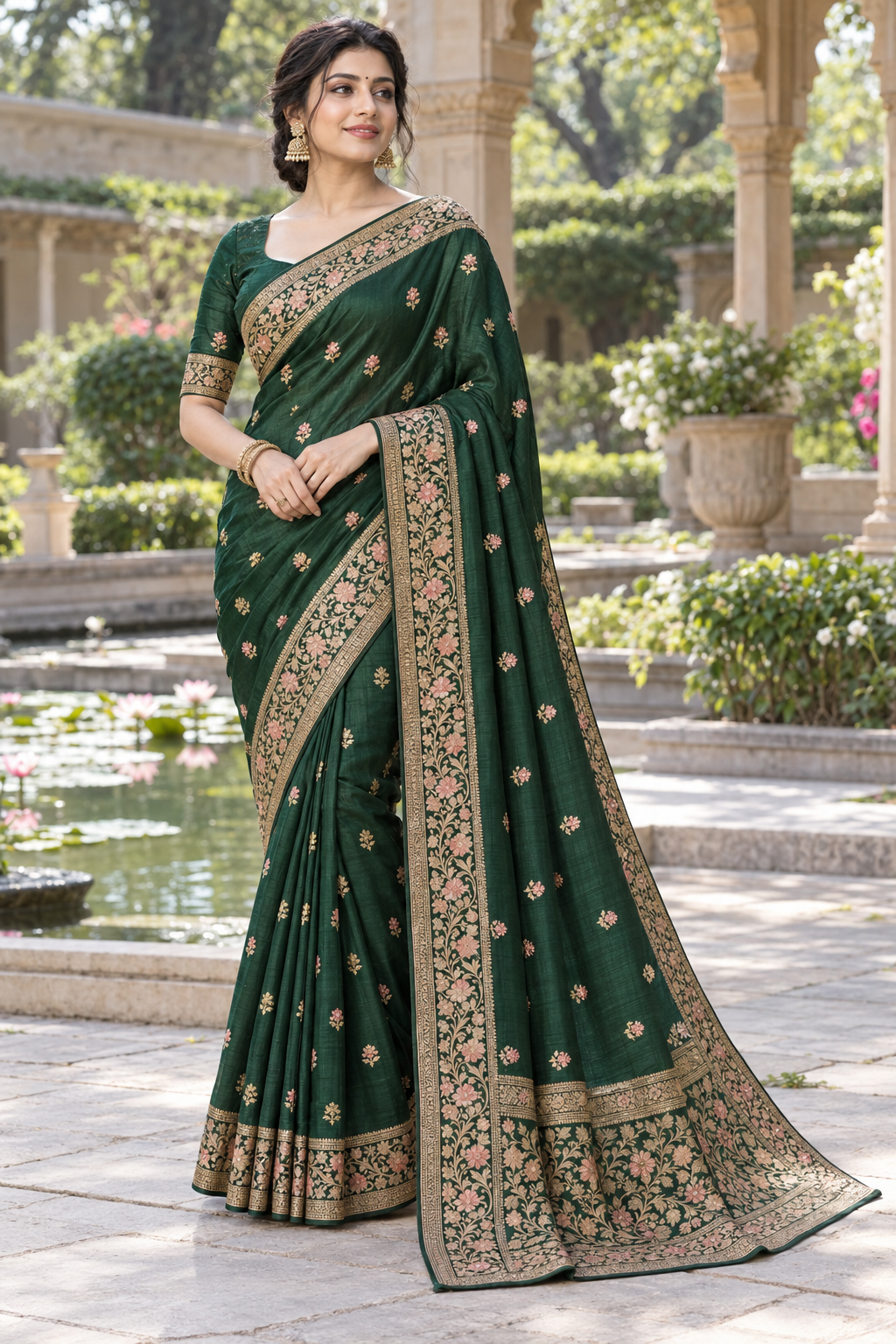 Emerald Green Art Silk Saree with Antique Gold & Peach Floral Embroidery