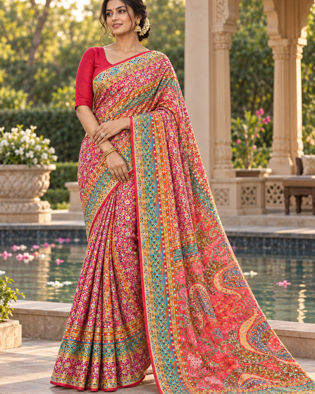 Pink Floral Printed Silk Saree with Geometric Striped Border & Paisley Pallu