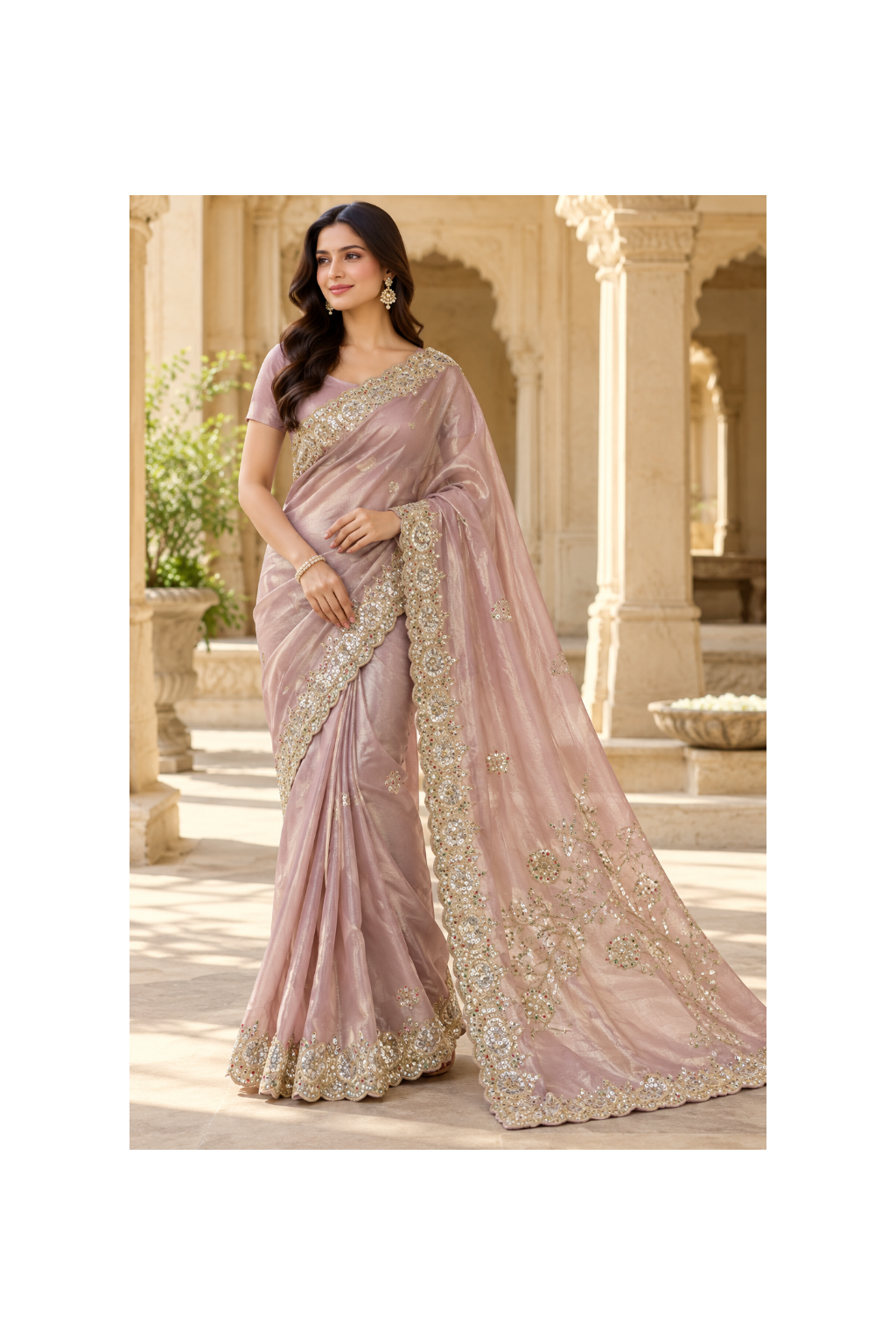 Elegant Mauve Embroidered Tissue Silk Saree Main image