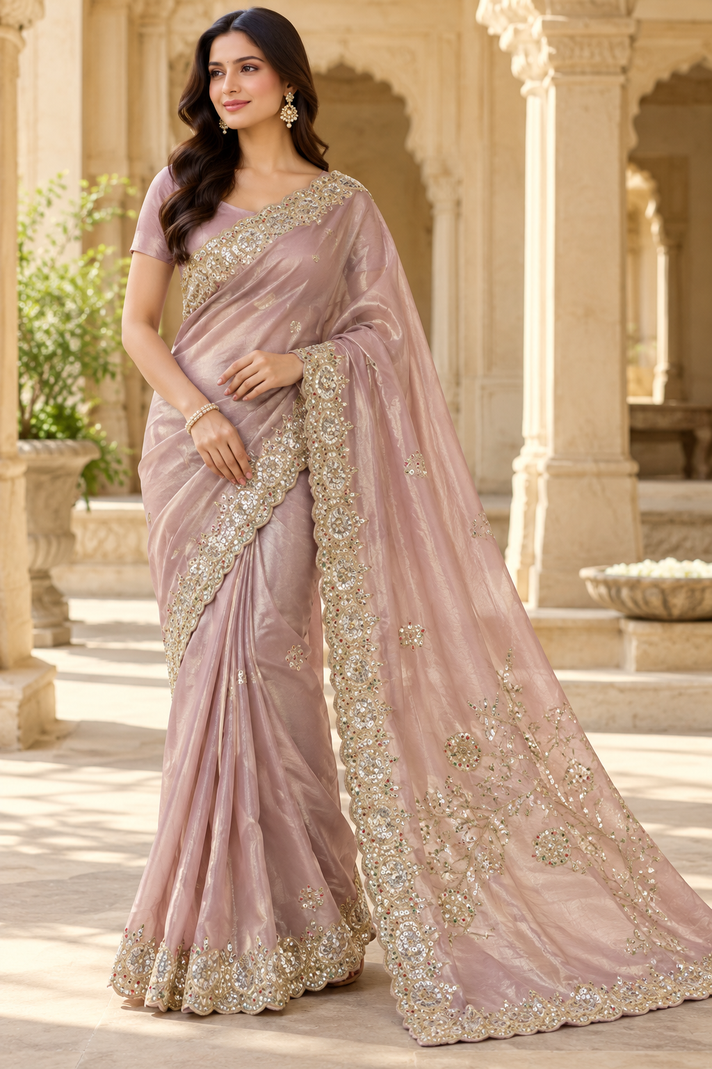 Elegant Mauve Embroidered Tissue Silk Saree