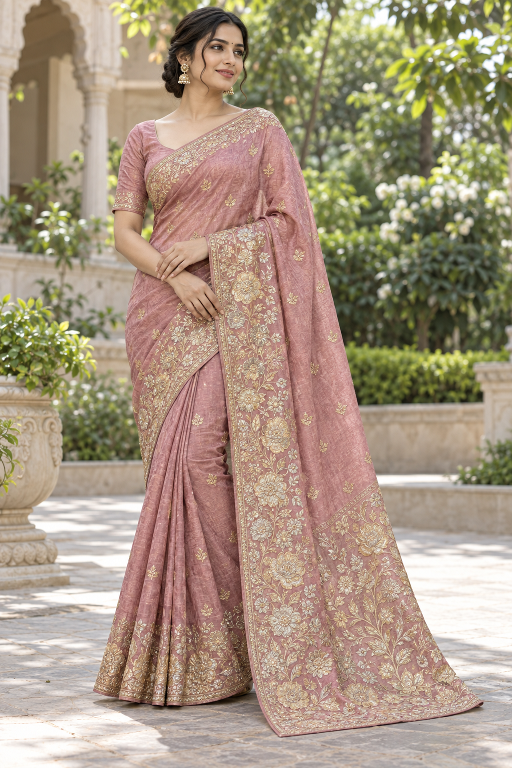Teal Blue Saree with Floral Embroidered Border & Pallu Secondary image