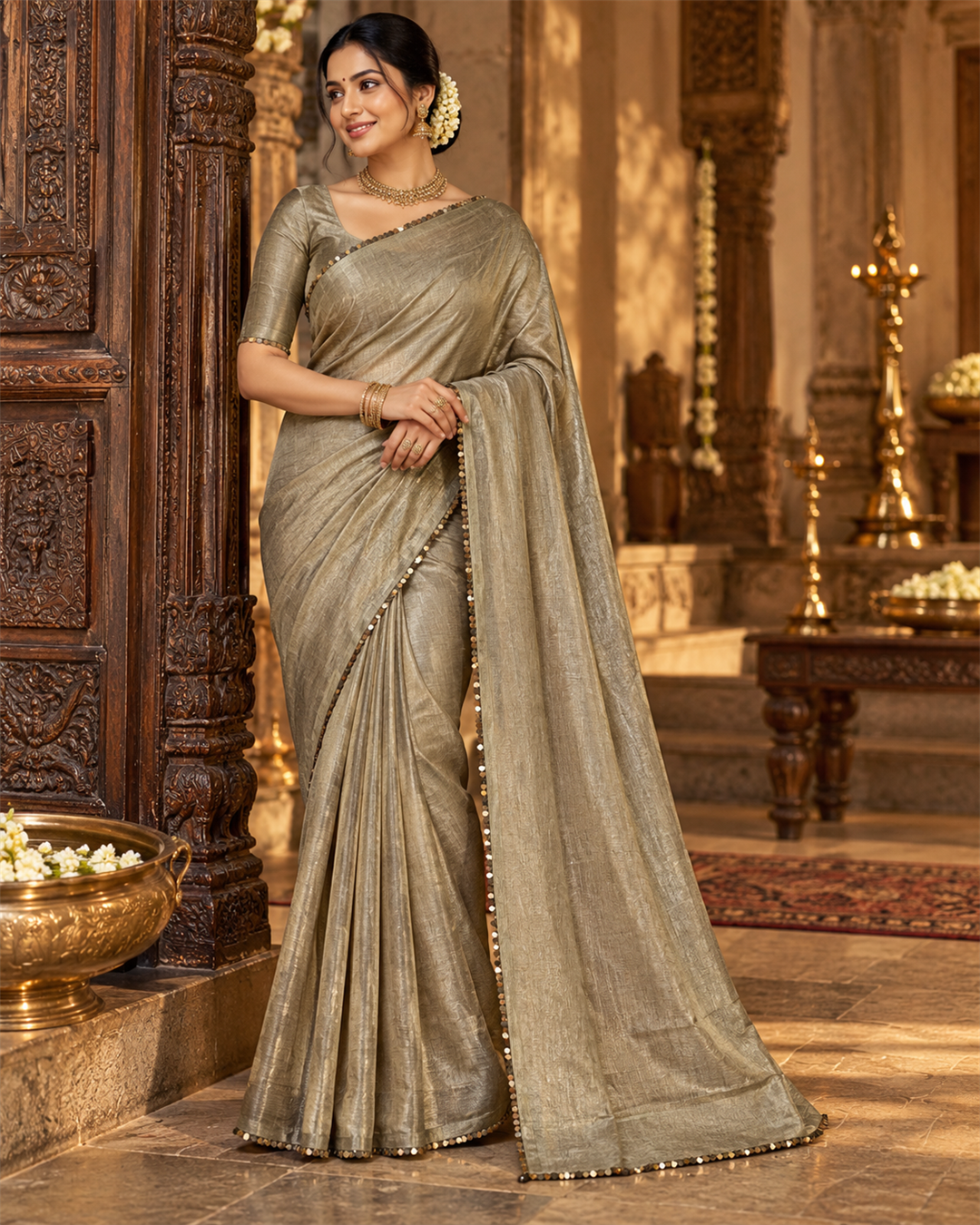 Beige And Copper Peacock Motif Saree