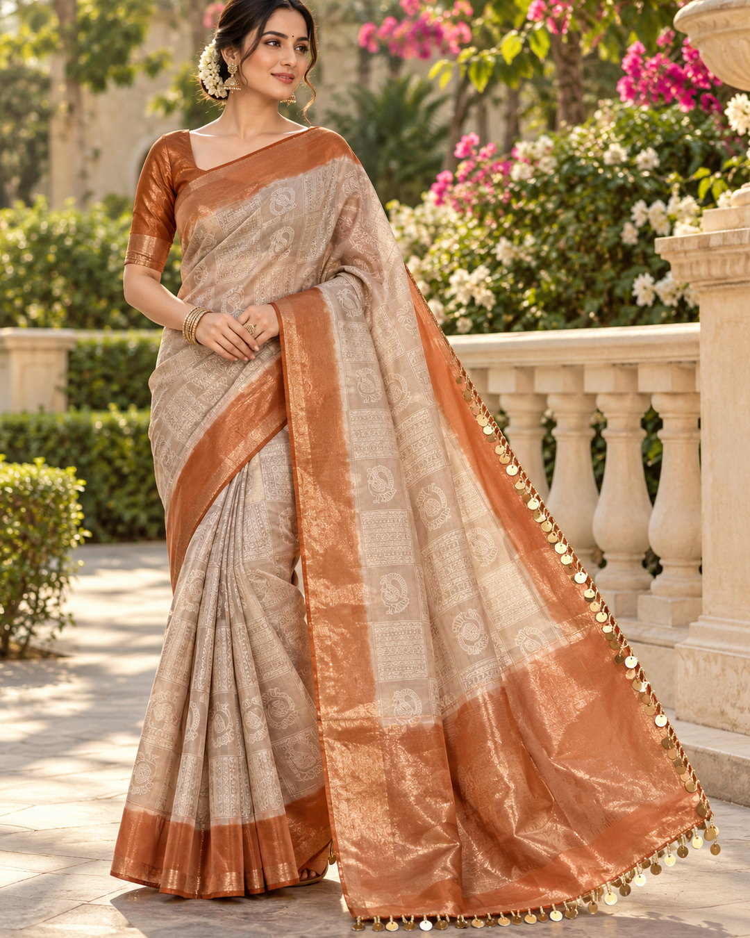 Beige And Copper Peacock Motif Saree Main image