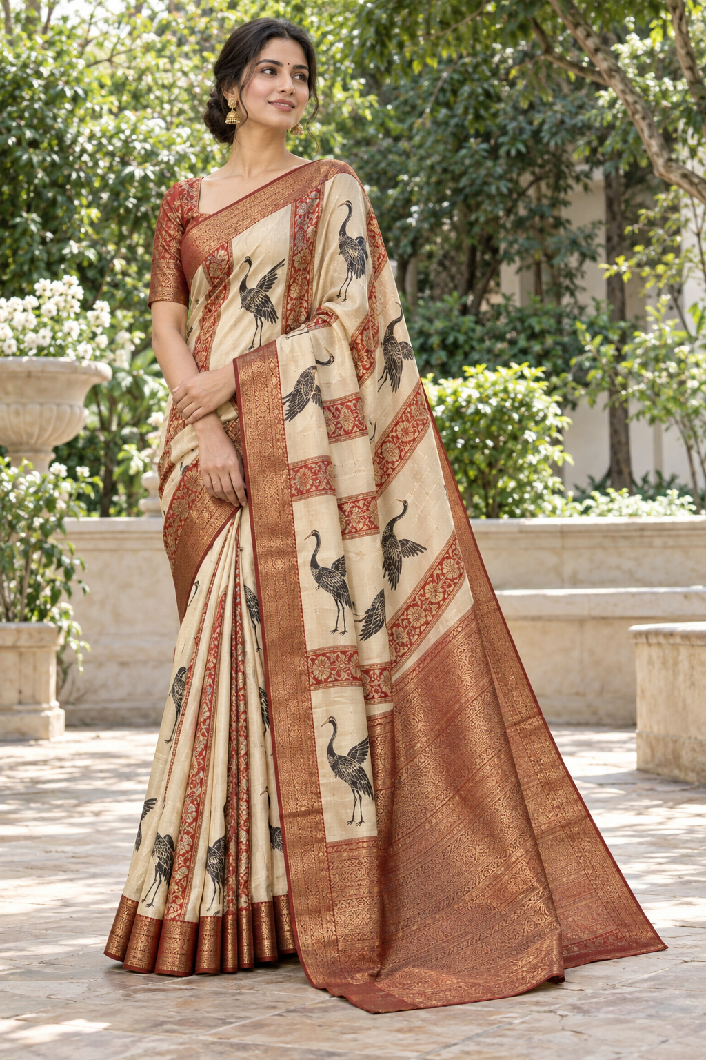 Off-White Tussar Silk Saree with Woven Crane Motifs & Rust Red Zari Pallu