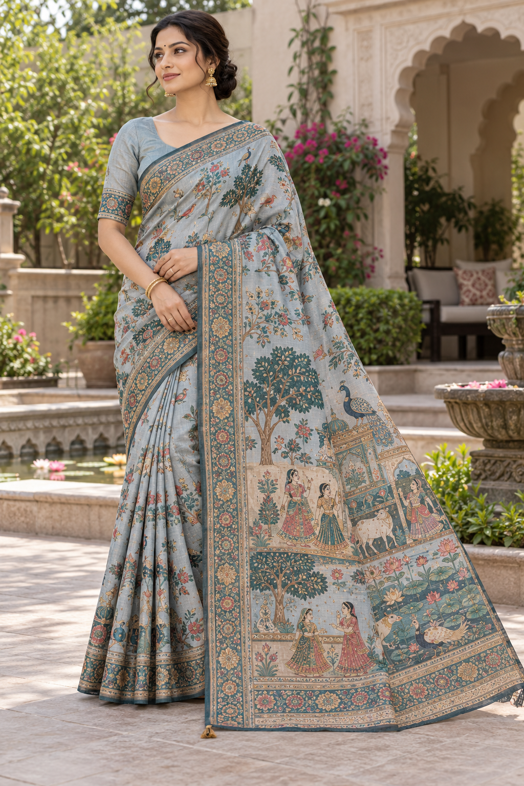 Maroon Silk Kalamkari Saree with Heritage Royal Court Print & Floral Rosette Border