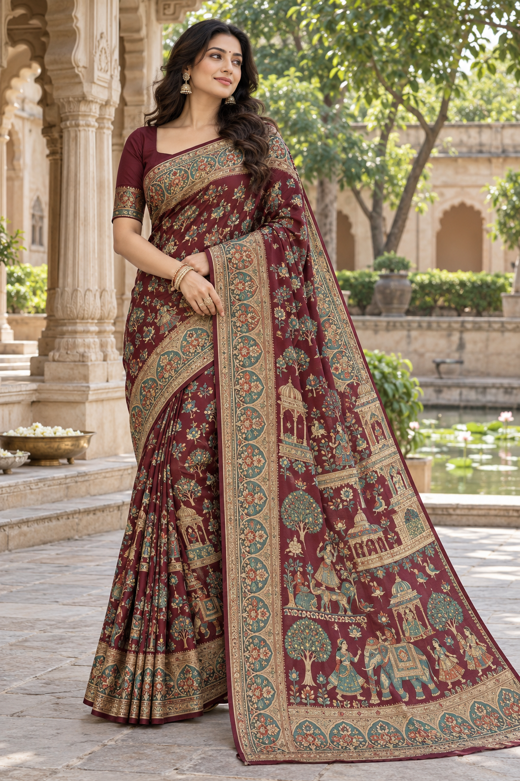Maroon Silk Kalamkari Saree with Heritage Royal Court Print & Floral Rosette Border