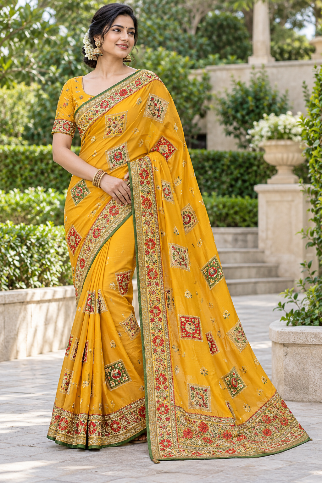 Bright Yellow Diamond Motif Saree Main image