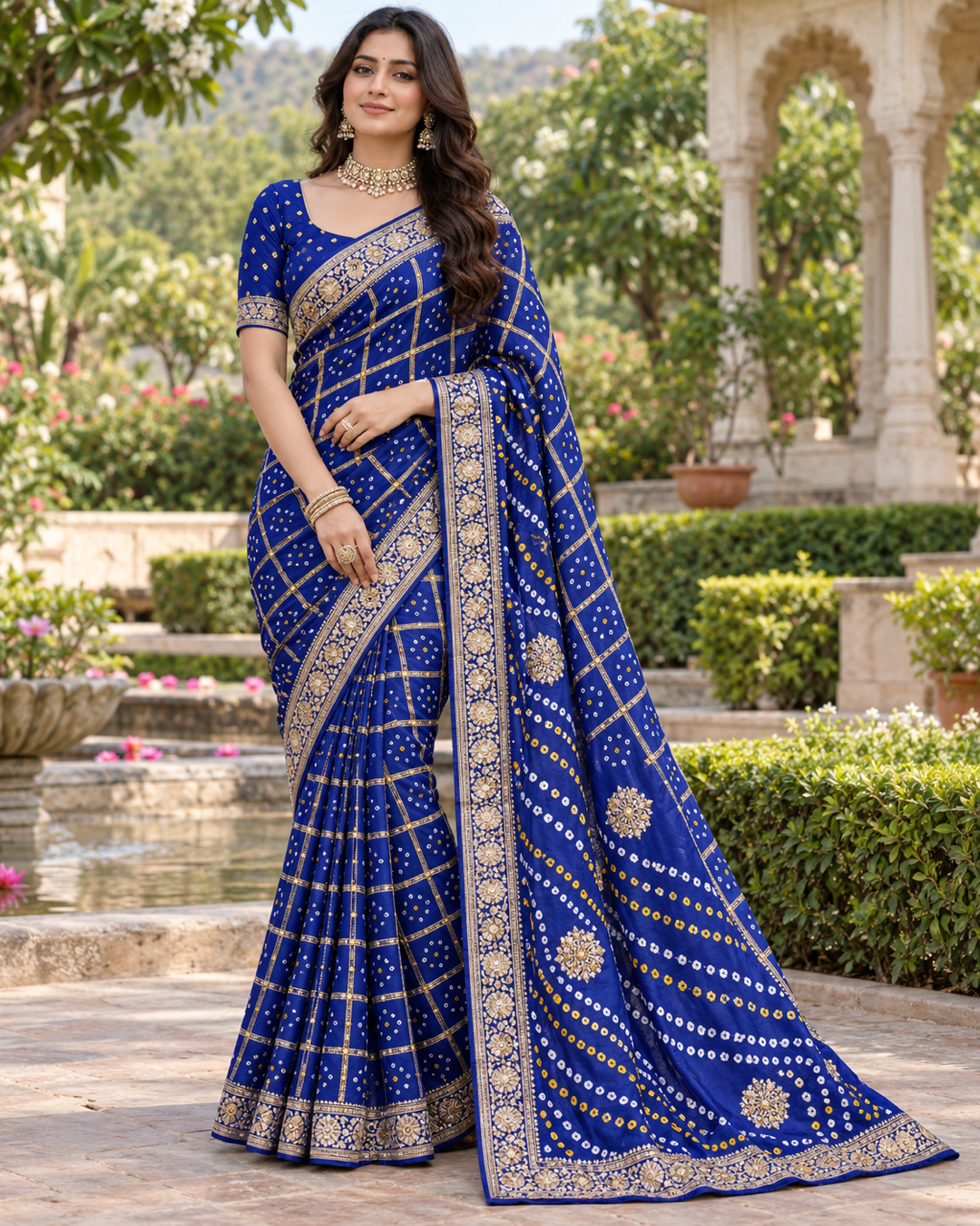 Royal Blue Silk Bandhani Saree with Gold Zari Check Grid & Embroidered Border