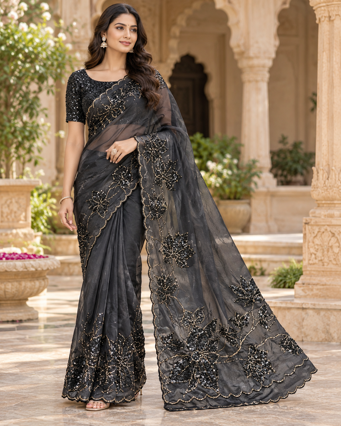 Midnight Black Leaf Embroidered Organza Saree