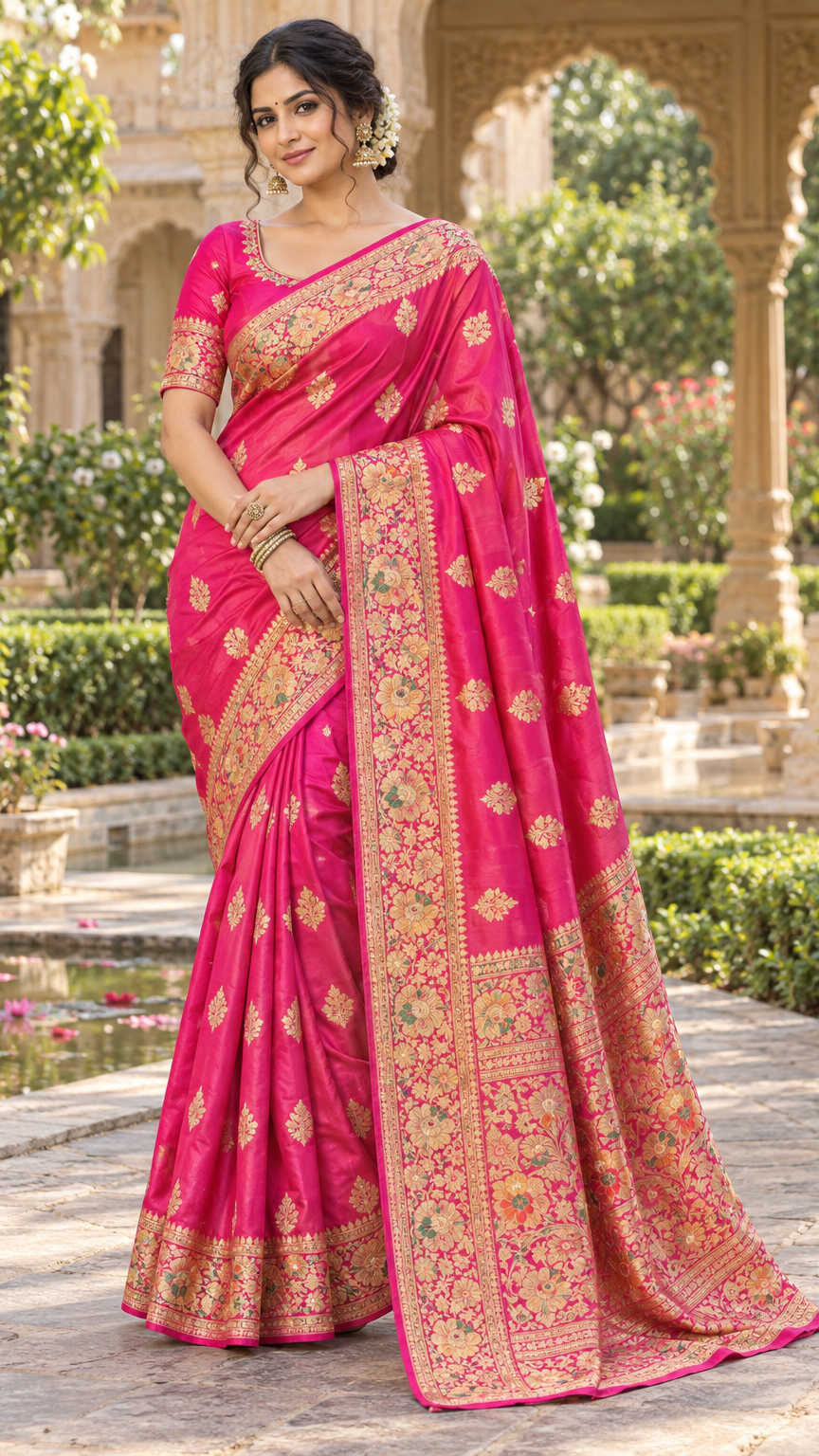 Vibrant Rani Pink Banarasi Silk Saree with Woven Gold Zari Floral Buttis & Meenakari Border