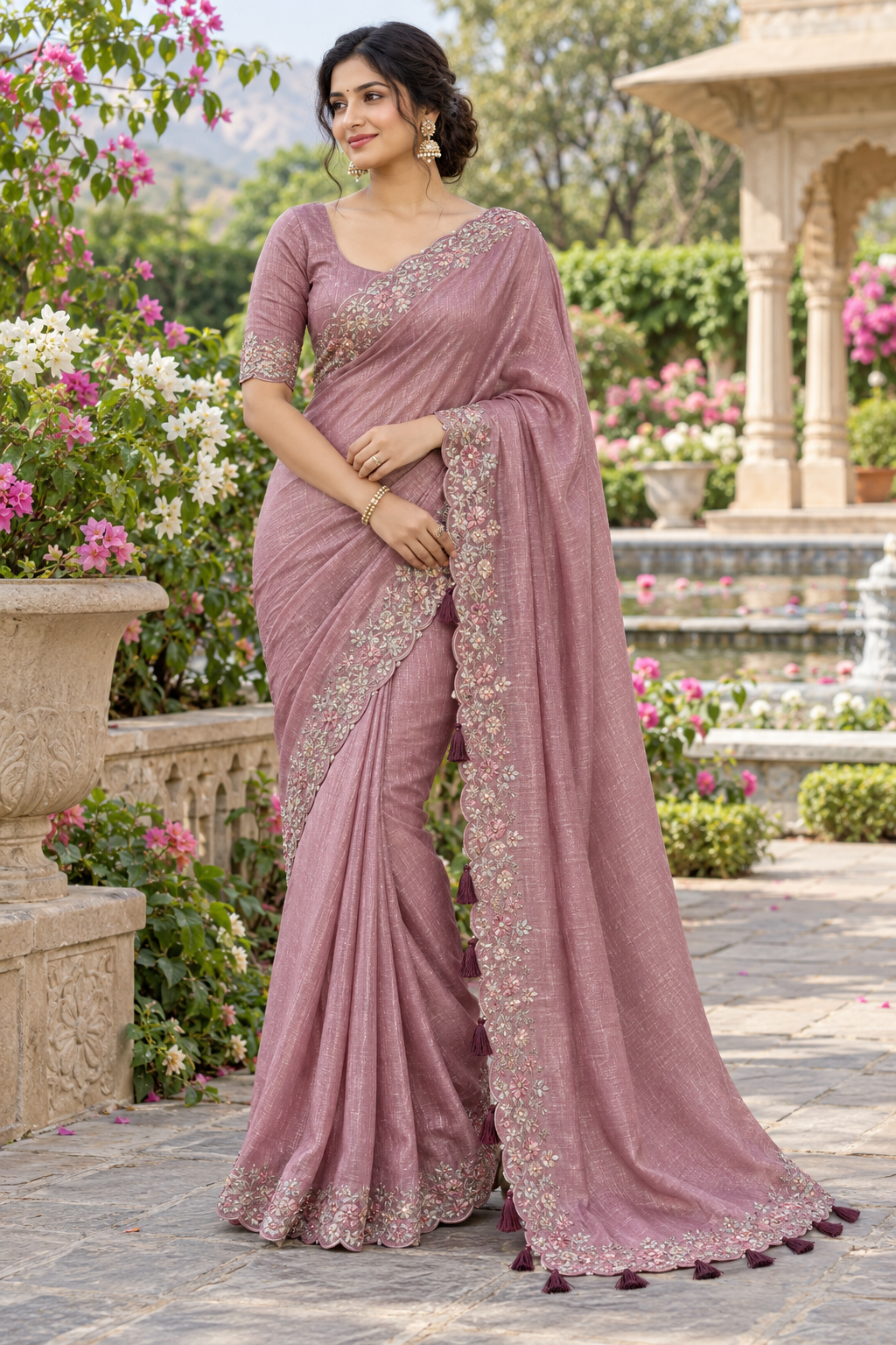 Dusty Lilac Tissue Silk Saree with Floral Scalloped Cutwork Border & Tassels