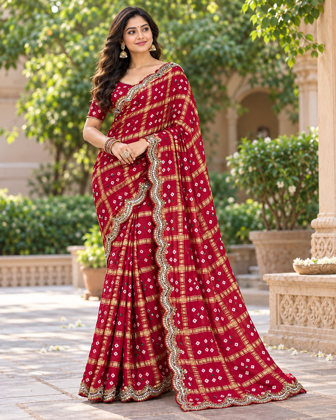 Crimson Red Bandhani Georgette Saree