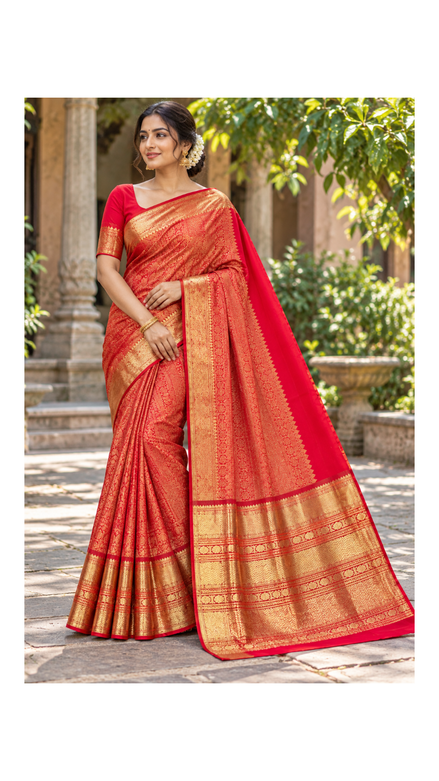Crimson Red Gold Silk Saree Main image