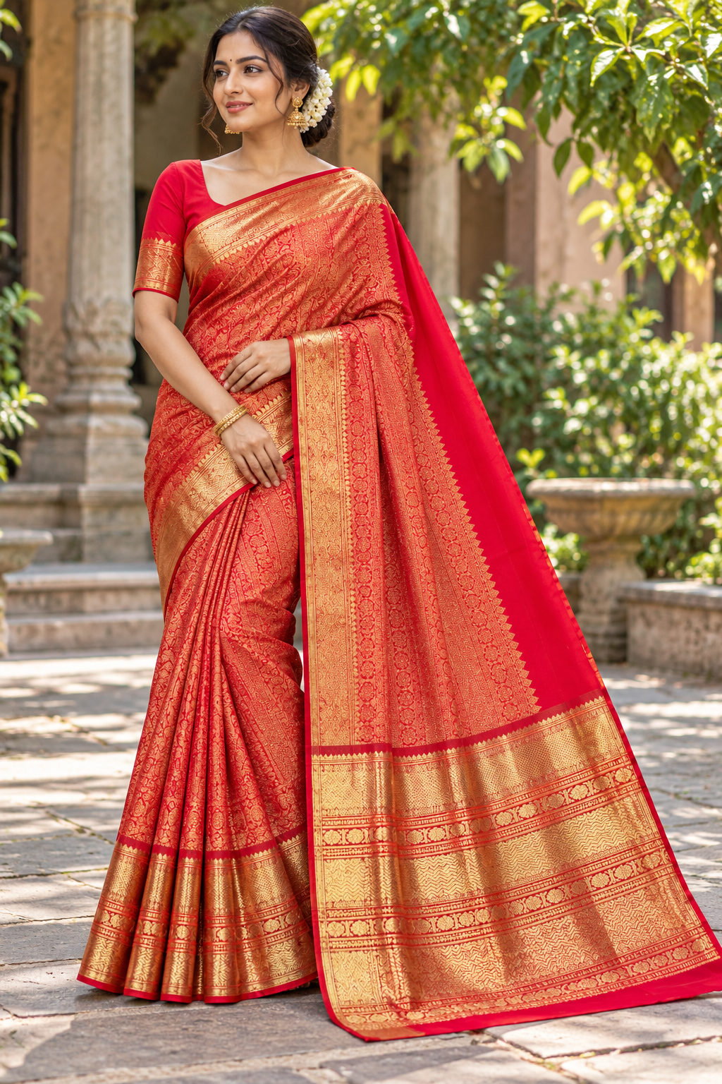Crimson Red Gold Silk Saree