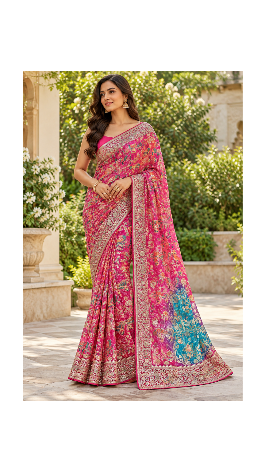 Vibrant Pink Kalamkari Silk Saree Main image