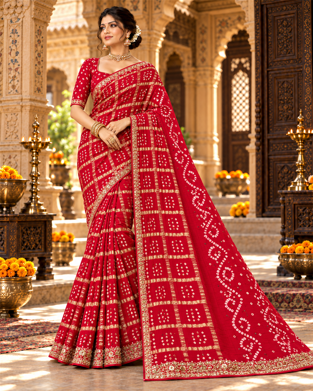 Classic Red Bandhani Zari Work Saree Main image