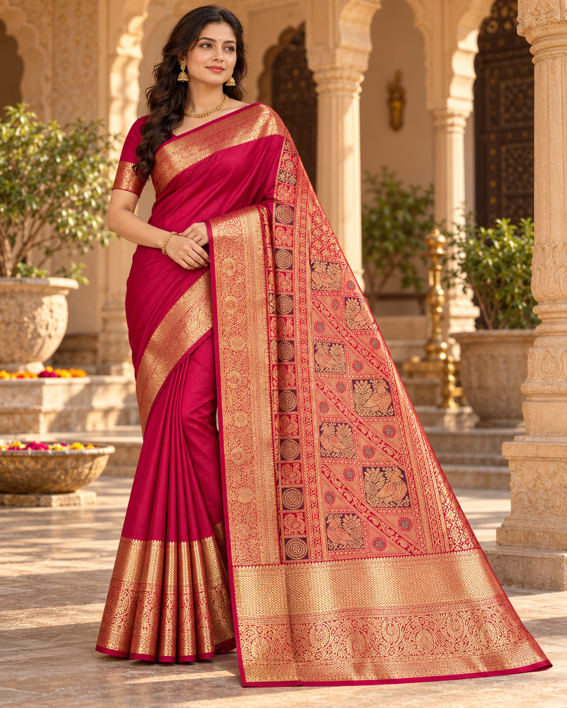 Royal Crimson Red Kanjeevaram Silk Saree with Woven Gold Zari Floral & Peacock Medallion Pallu