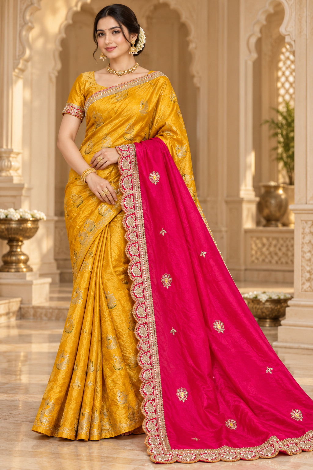 Mustard Yellow and Rani Pink Embroidered Saree