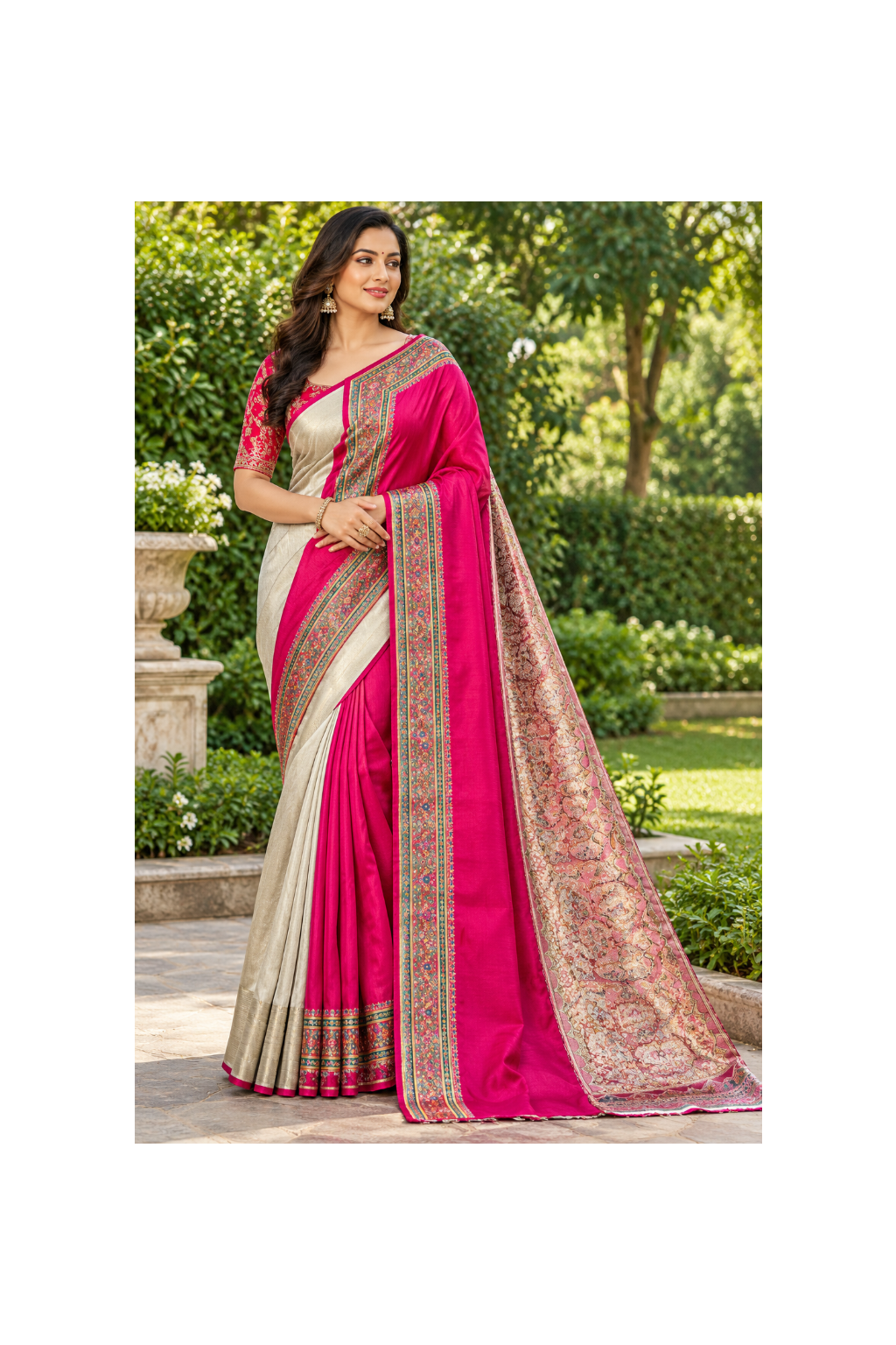 Ivory and Fuchsia Silk Saree Main image