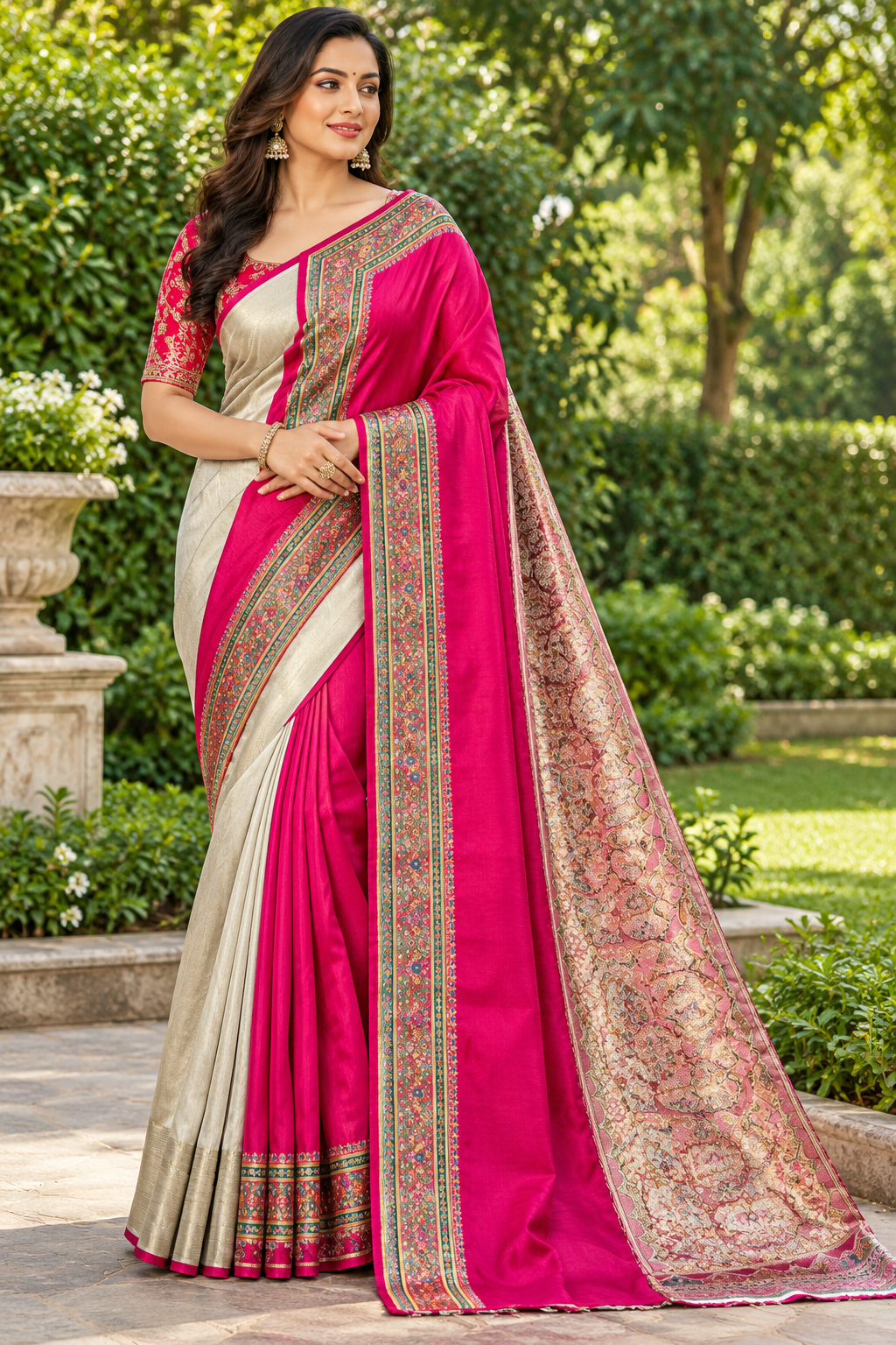 Ivory and Fuchsia Silk Saree