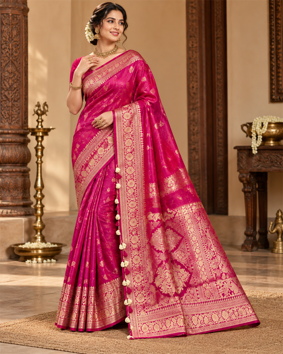 Magenta Pink Silk Saree with Woven Gold Zari Floral Motifs