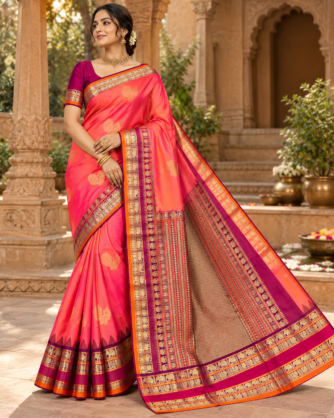 Coral Pink Silk Saree with Woven Peacock Buttis & Contrast Magenta Elephant Border