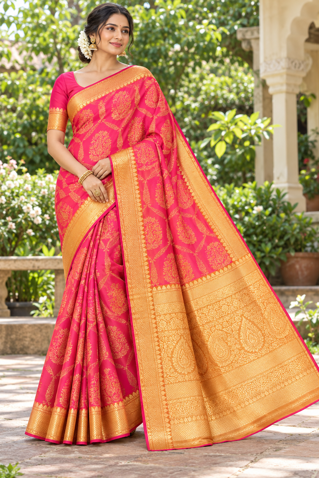 Bright Pink Paisley Banarasi Saree Main image