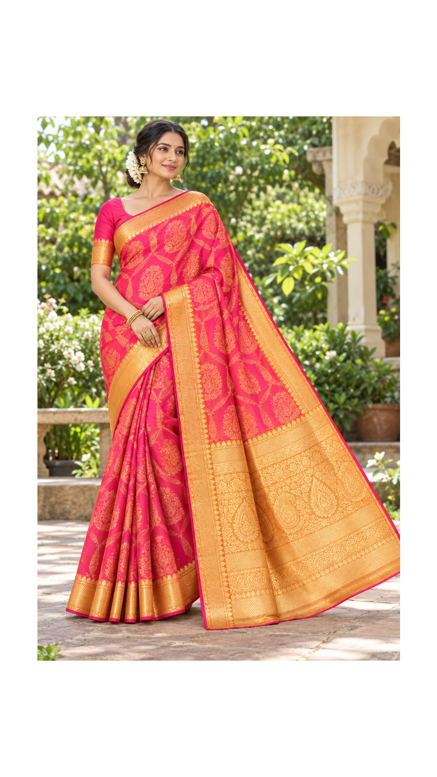 Bright Pink Paisley Banarasi Saree Main image