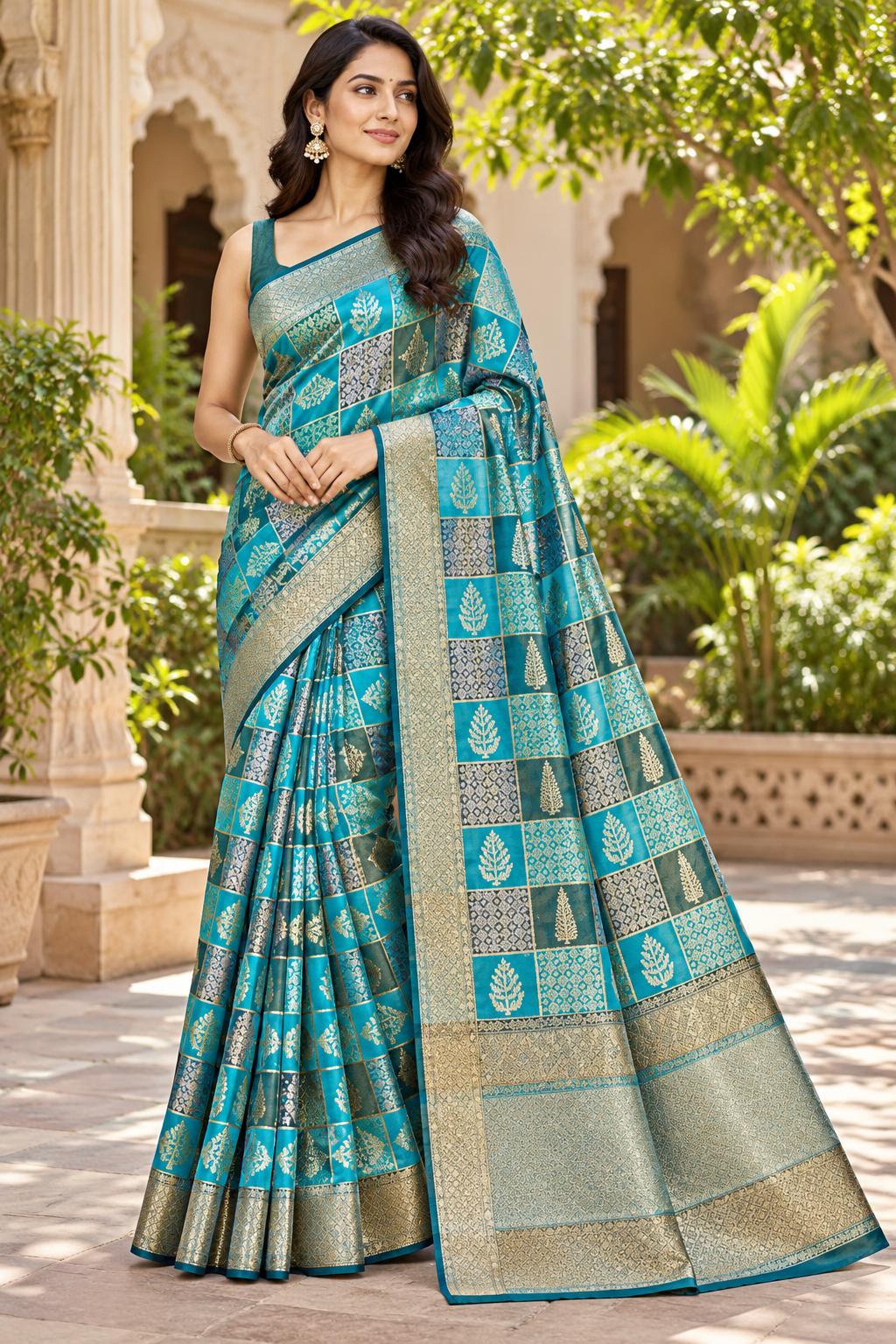 Teal Blue Checkered Silk Saree Main image