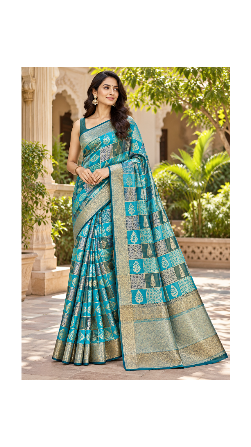 Teal Blue Checkered Silk Saree Main image