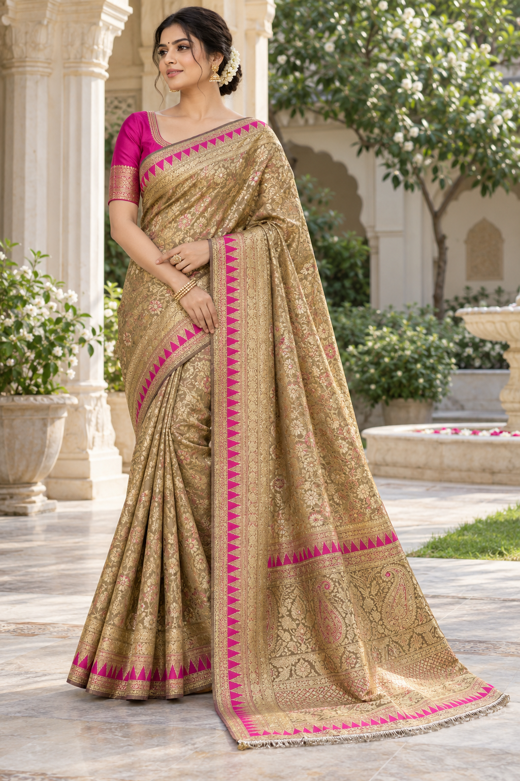 Antique Gold Tissue Silk Saree with Rani Pink Temple Border & Meenakari Floral Jaal