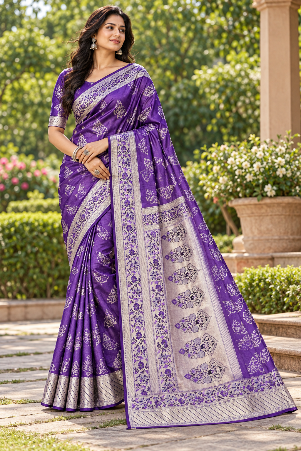 Royal Purple Silver Brocade Saree Main image