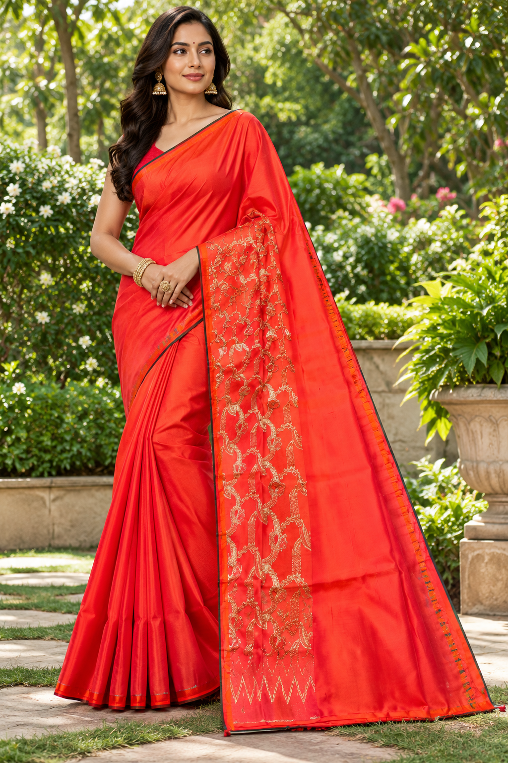 Vibrant Red Gold Silk Saree