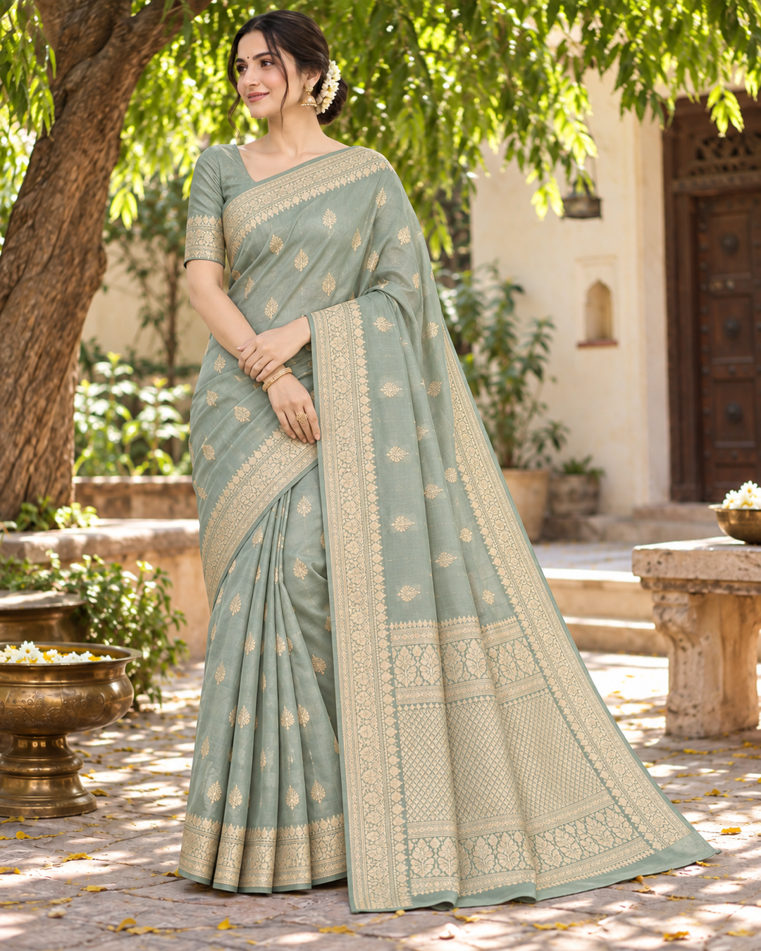 Sage Green Saree with Intricate Gold Zari Weaving